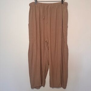TARSE Linen Blend Wide Leg Cropped Pants Elastic Waist Pockets XL